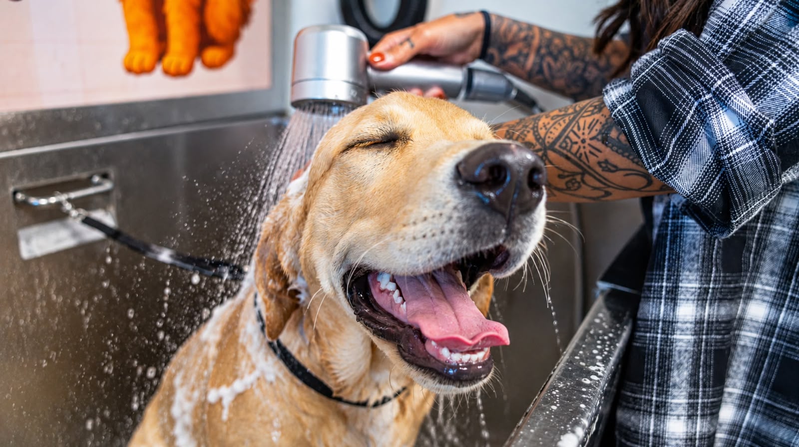 Dog enjoying a wash at Wash Your Woofer
